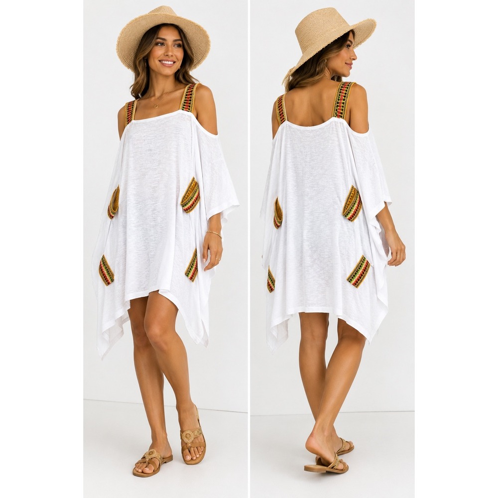 Pitusa Resort White Cold Shoulder Beach Cover Up Dress One Size Rainbow